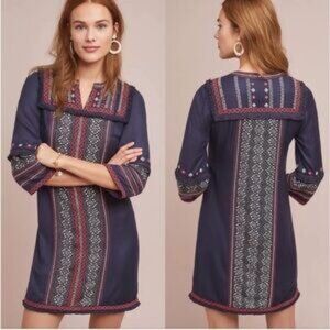 Anthropologie Boho Akemi Kin Navy Embroidered Midi Dress Long Sleeve Size 6